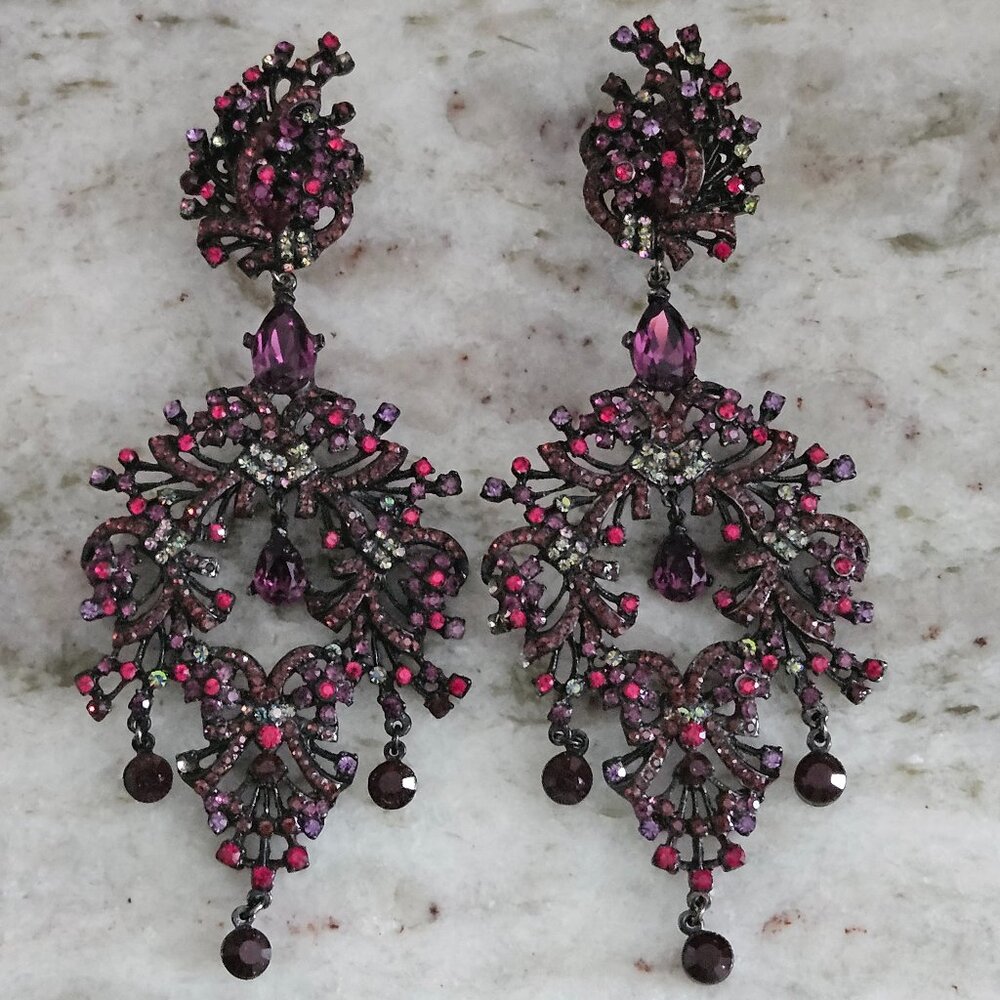 RARE STATEMENT JOSE MARIA BARRERA RED PURPLE CRYSTAL EVENING CHANDELIER EARRINGS